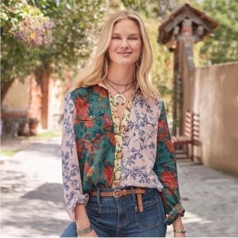 Sundance Floral Patchwork Button Front Long Sleev… - image 1